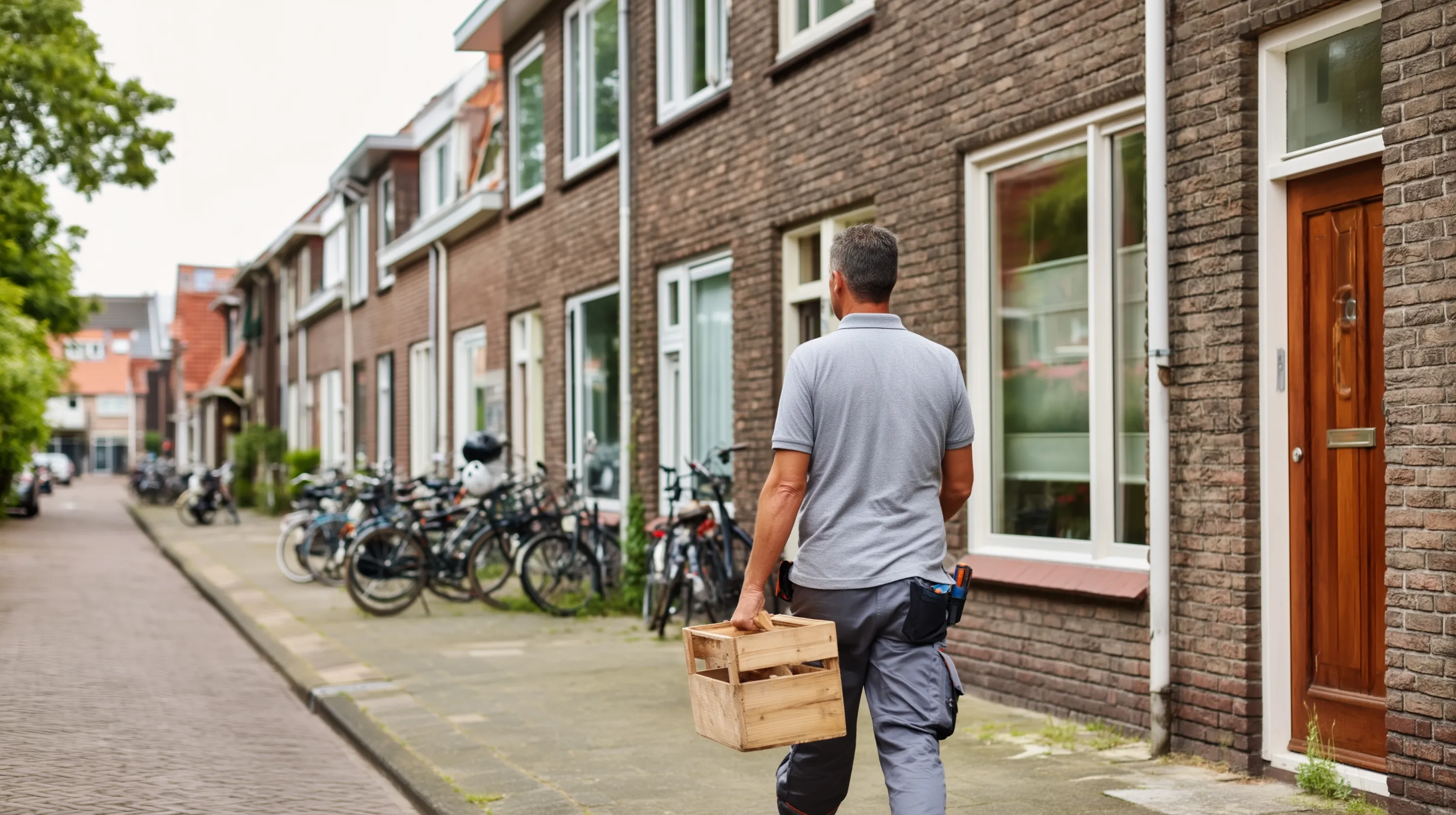 Klusjesman loopt met gereedschapskist naar de voordeur van een woning