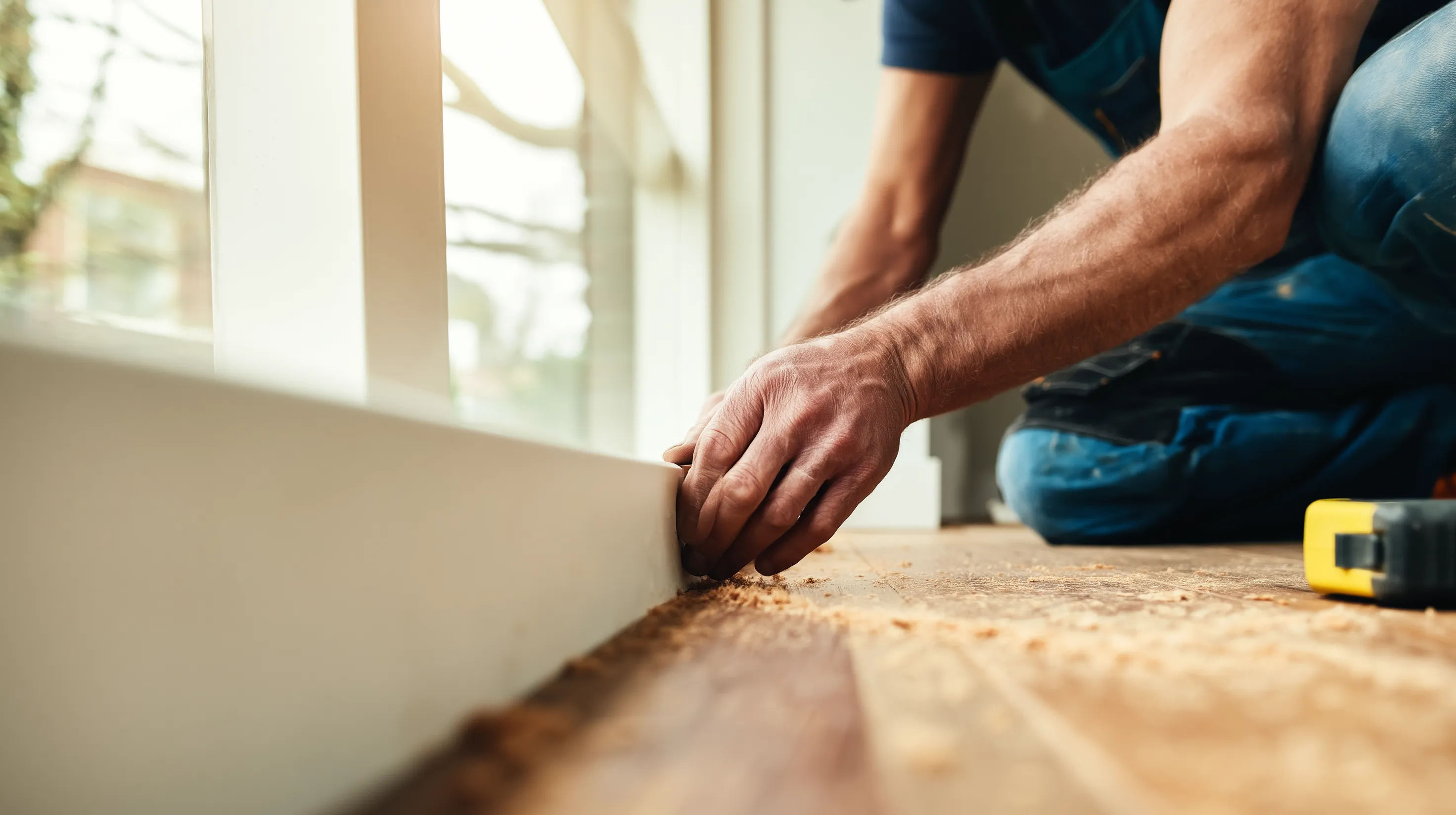 Klusser monteert een plint op een houten vloer
