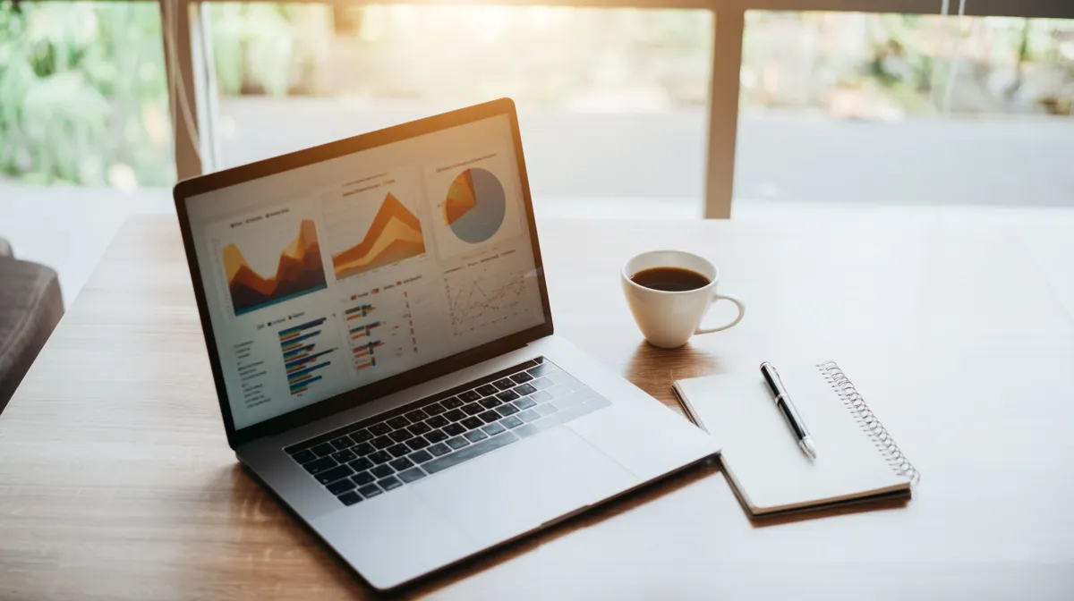 Laptop met marketingrapport op een bureau