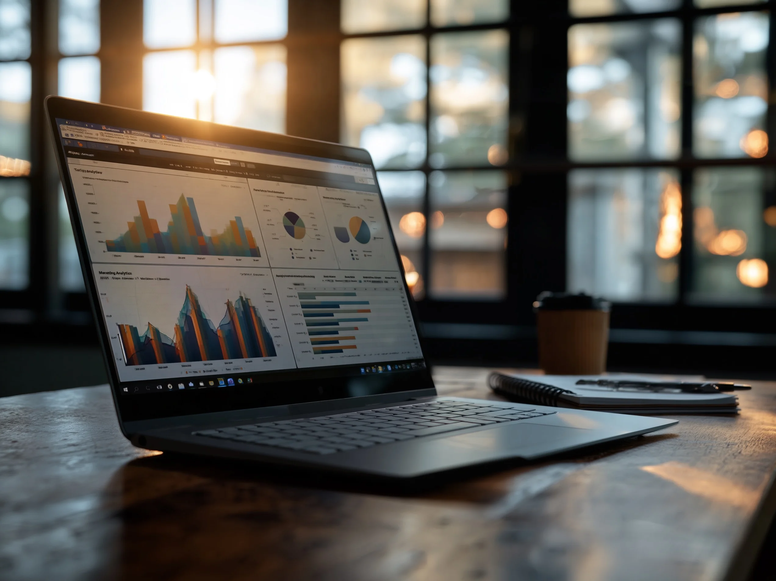 Laptop met marketing dashboard en grafieken op bureau