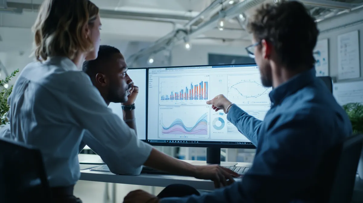 Marketingteam analyseert campagneresultaten op een scherm