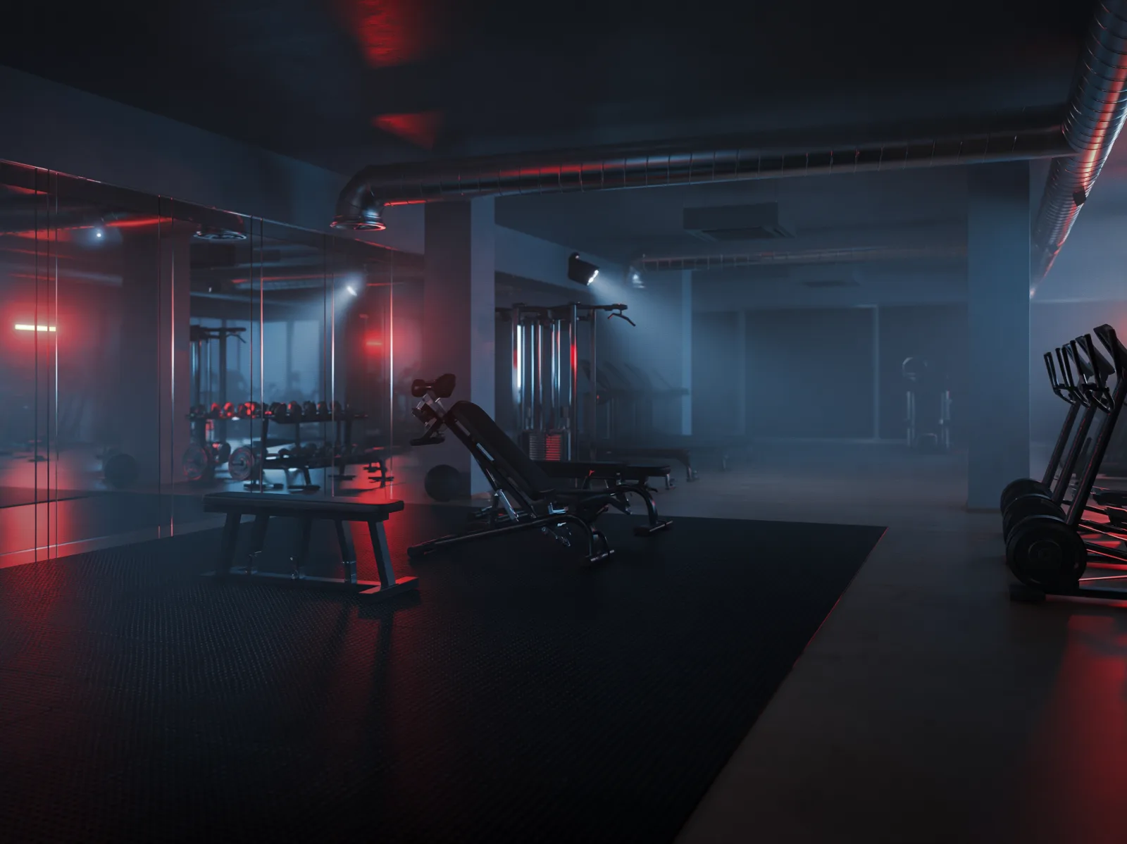 Moderne lege sportschool met apparatuur en sfeerverlichting