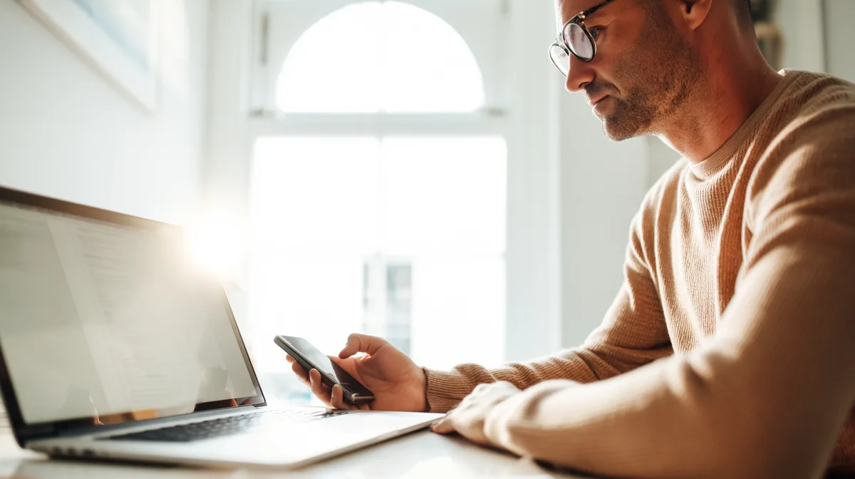 Ondernemer belt een klant achter zijn laptop