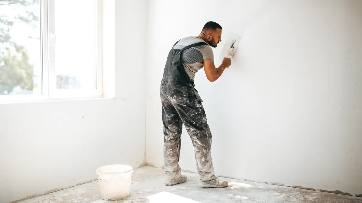 Stukadoor brengt pleisterwerk aan op een muur