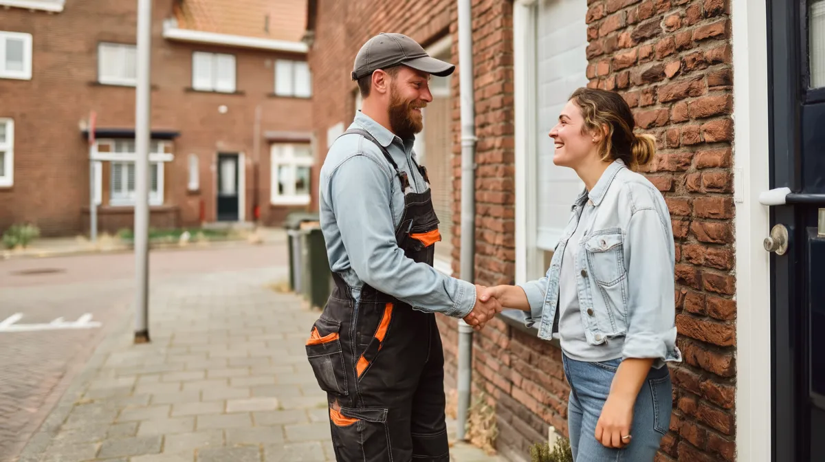 Vakman en klant schudden handen bij de voordeur