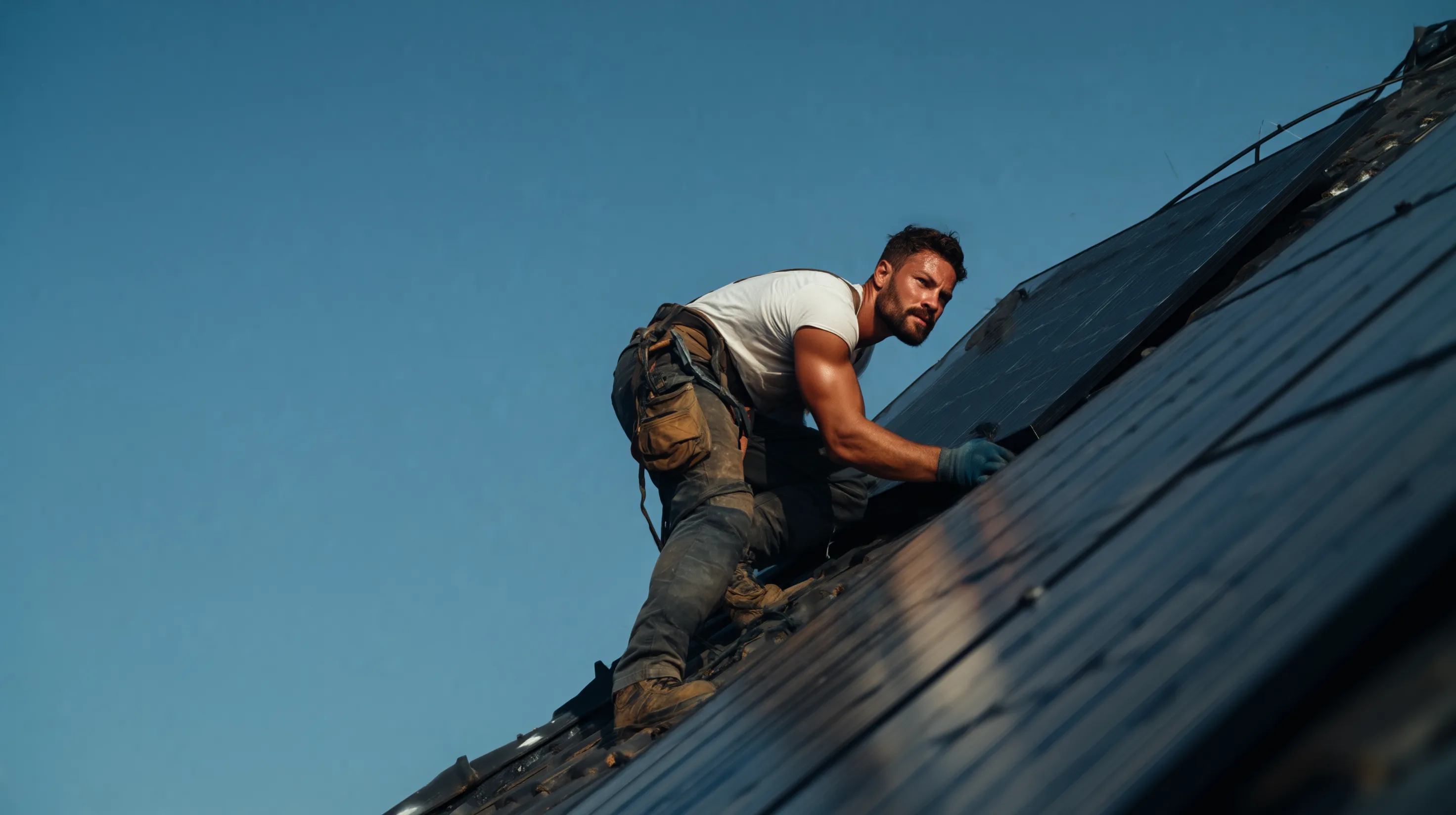 Installateur plaatst zonnepanelen op een schuin dak